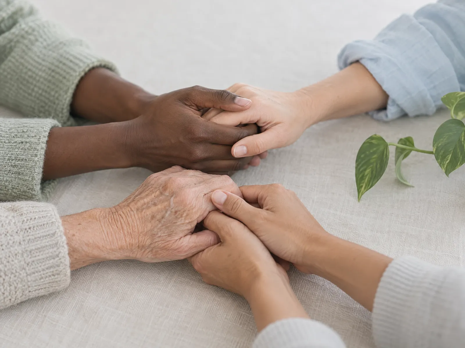 Mãos de pessoas de diferentes idades unidas em círculo, representando cuidado e conexão