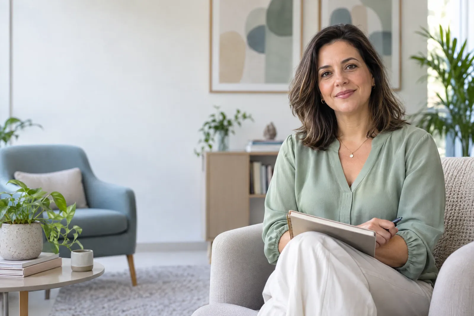 Psicóloga sorrindo em consultório iluminado, segurando um caderno